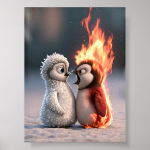 Amber & Frosty Fire and Ice Penguin Poster