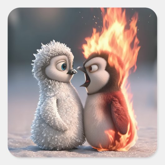 Amber & Frosty Tiny Penguins Big Feelings Quadratischer Aufkleber (Vorderseite)