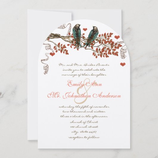 Amber Glow Fall Leaf Love Bird Wedding Einladung (Vorderseite)