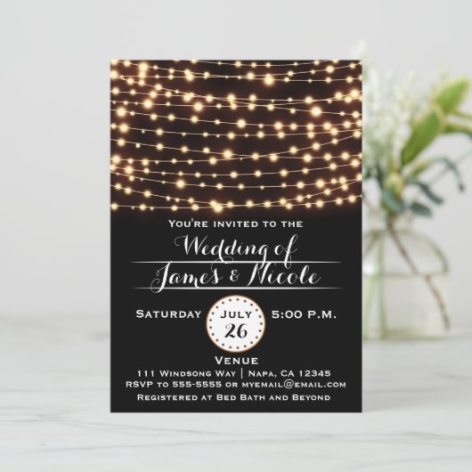 Amber Glow String Lights Rustikale Hochzeitseinlad Einladung (Stehend Vorderseite)