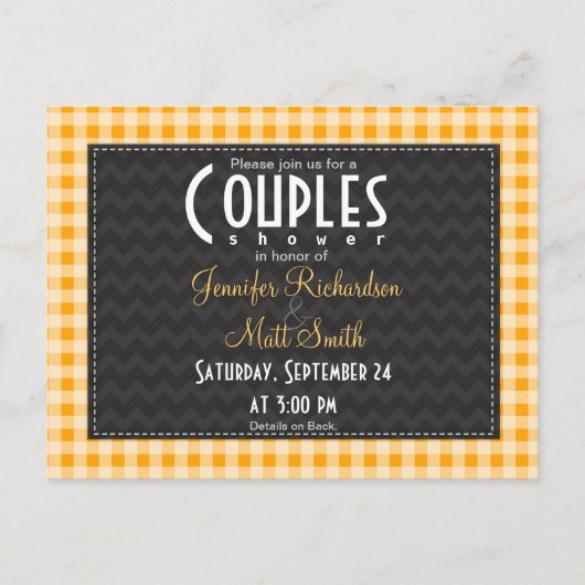 Amber Orange Gingham Couples Dusche Einladungspostkarte (Vorderseite)