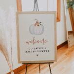 AMBER White Pumpkin Fall Brautparty Willkommen Poster<br><div class="desc">Dieses Brautparty-Willkommensschild besticht durch einen weißen Kürbis in Aquarellfarbe mit peachy orangefarbenen Blumenakzenten und eine moderne minimalistische Gestaltung. Bearbeiten Sie die meisten Formulierungen,  um den Anforderungen Ihrer Veranstaltung gerecht zu werden. Dieses Babyduschplakat eignet sich perfekt für Ihre Veranstaltung zum Thema Herbst.</div>