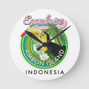 Ambon Insel Indonesien Reise Logo Holz Wandkunst Runde Wanduhr