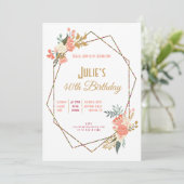 Ambrose Coral Floral Geometric Frame 40. Geburtsta Einladung (Stehend Vorderseite)