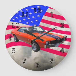 AMC Javlin Classic Car mit amerikanischer Flagge Große Wanduhr
