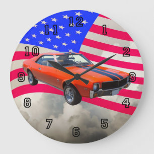 AMC Javlin Oldtimer mit amerikanischer Flagge Große Wanduhr