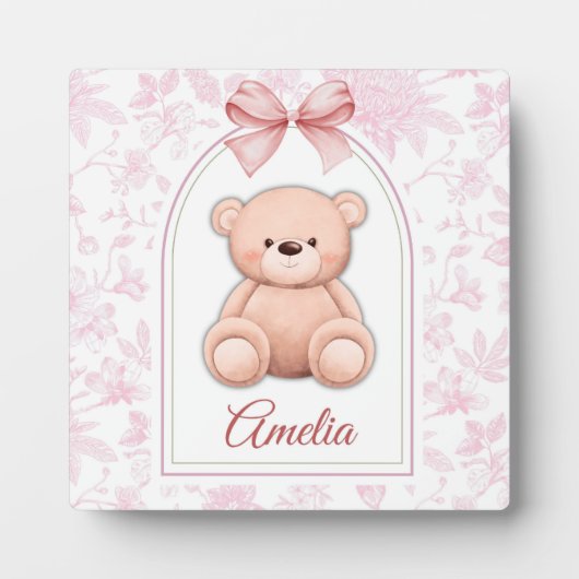 Amelia | Benutzerdefiniertes rosa Teddy-Bär-Kinder Fotoplatte (Vorderseite)
