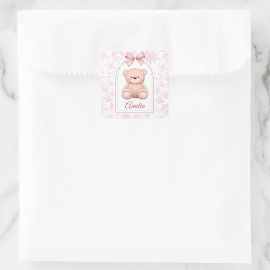 Amelia | Benutzerdefiniertes rosa Teddy-Bär-Kinder Quadratischer Aufkleber (Tasche)