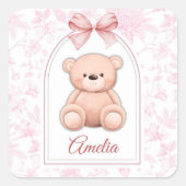 Amelia | Benutzerdefiniertes rosa Teddy-Bär-Kinder Quadratischer Aufkleber (Vorderseite)