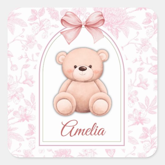 Amelia | Benutzerdefiniertes rosa Teddy-Bär-Kinder Quadratischer Aufkleber (Vorderseite)