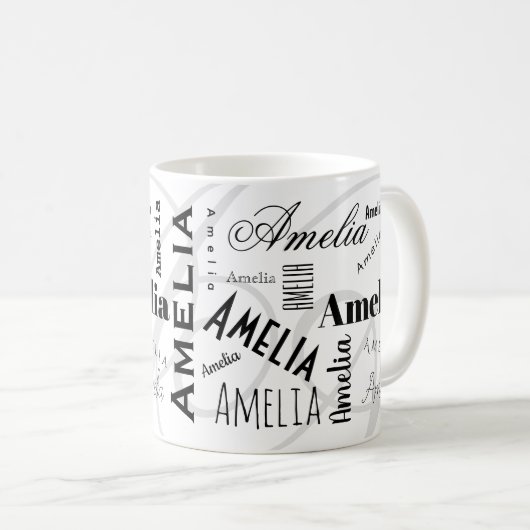 Amelia Custom Name Black White Coffee Mug Kaffeetasse (VorderseiteRechts)