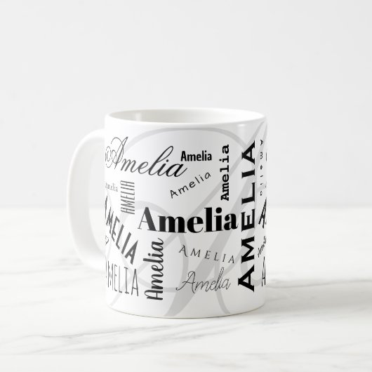 Amelia Custom Name Black White Coffee Mug Kaffeetasse (Vorderseite Links)