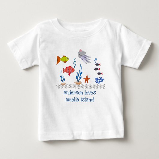 Amelia Island FL Fun Ocean Fish with Child's Name Baby T-shirt (Vorderseite)