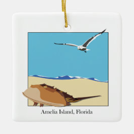 Amelia Island, FL Horseshoe Crab Sea Gull Beach Keramikornament