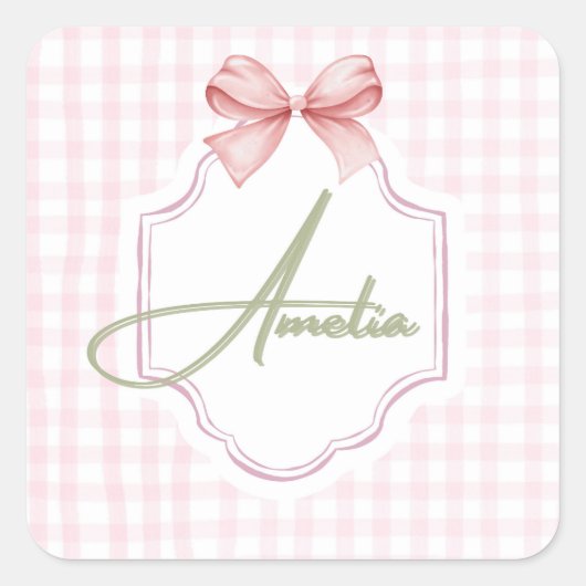 Amelia Personalisiert Pink Bow & Gingham Print Quadratischer Aufkleber (Vorderseite)