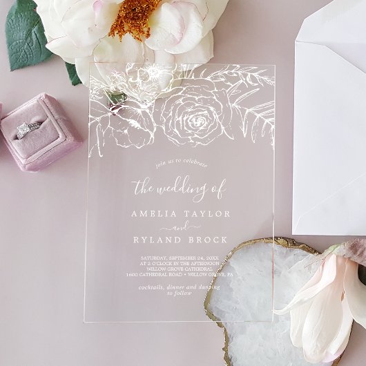 AMELIA White Bohemisch Floral Botanical Wedding Acryleinladungen