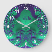 AMELIE ~ WOW! Fraktal Muster Grün und Lila ~ Große Wanduhr (Vorderseite)