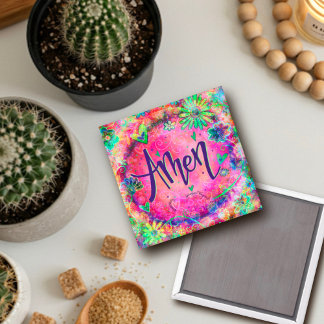 Amen Pink Floral Hearts Hübsch Whimsical Trendy Magnet