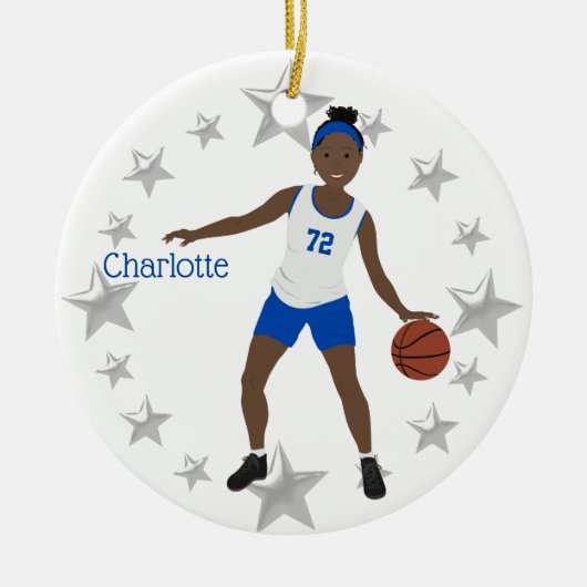 American African Basketball Player White & Blue Keramik Ornament (Vorne)