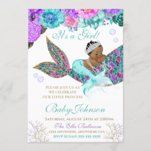 American African Mermaid Baby SHower Glitzer Schwa Einladung