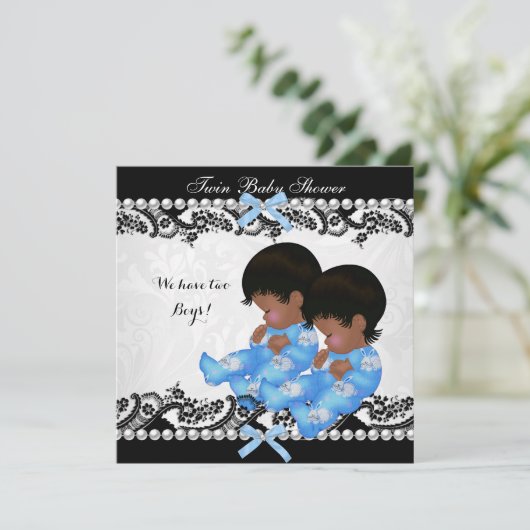 American African Twin Boys Baby Dusche Blue Einladung (Stehend Vorderseite)