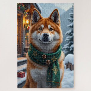 American Akita Berg Lodge Weihnachtsporträt Puzzle