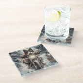 American Akita Dog Riding Motorrad Weihnachten Glasuntersetzer (Schrägansicht)