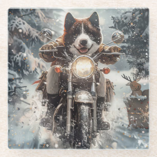American Akita Dog Riding Motorrad Weihnachten Glasuntersetzer
