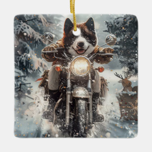 American Akita Dog Riding Motorrad Weihnachten Keramikornament