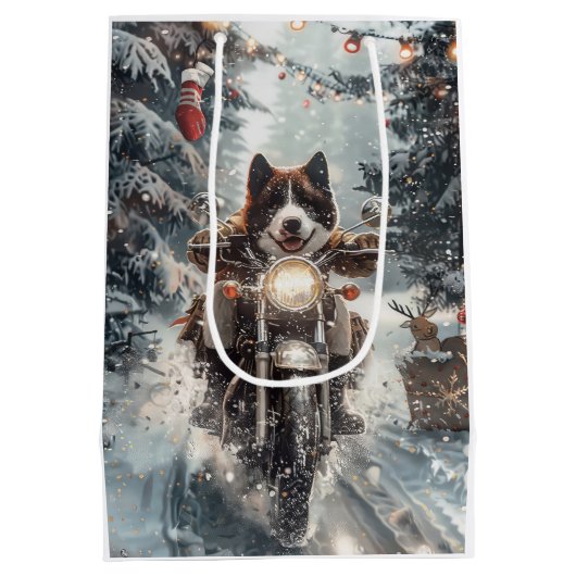American Akita Dog Riding Motorrad Weihnachten Mittlere Geschenktüte (Rückseite)