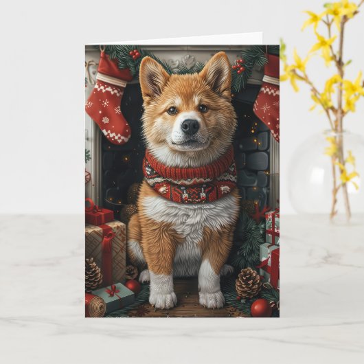 American Akita mit Weihnachtsgeschenken Feuerplatz Karte (Gelbe Blume)