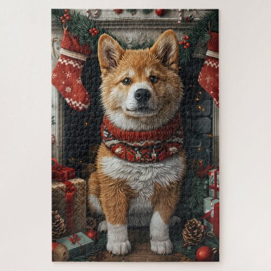 American Akita mit Weihnachtsgeschenken Feuerplatz Puzzle (Vertikal)