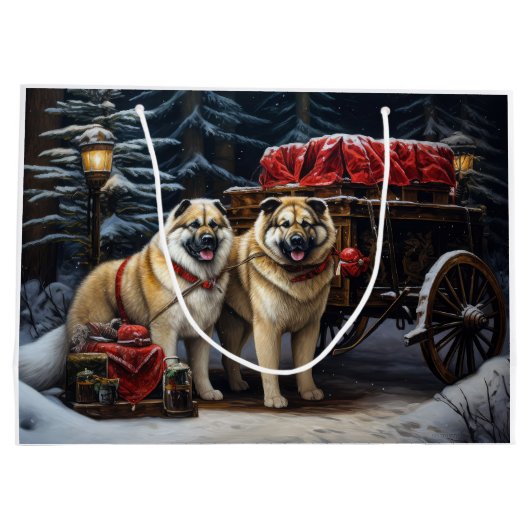 American Akita Snowy Sleigh Ride Weihnachtsdekor Große Geschenktüte (Rückseite)