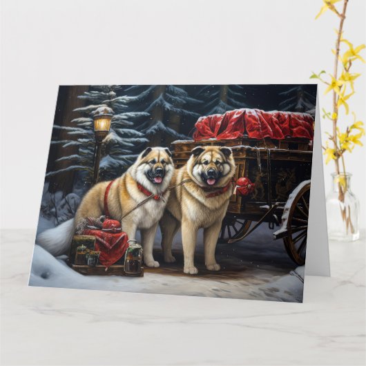 American Akita Snowy Sleigh Ride Weihnachtsdekor Karte (Gelbe Blume)