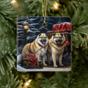 American Akita Snowy Sleigh Ride Weihnachtsdekor Keramikornament