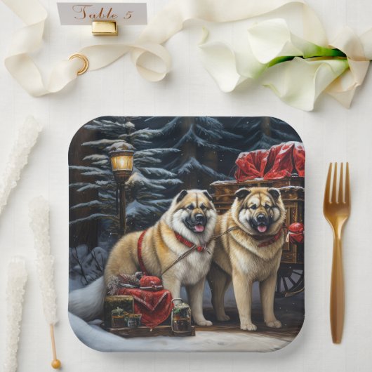 American Akita Snowy Sleigh Ride Weihnachtsdekor Pappteller (Hochzeit)
