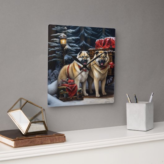 American Akita Snowy Sleigh Ride Weihnachtsdekor Quadratische Wanduhr (Büro)