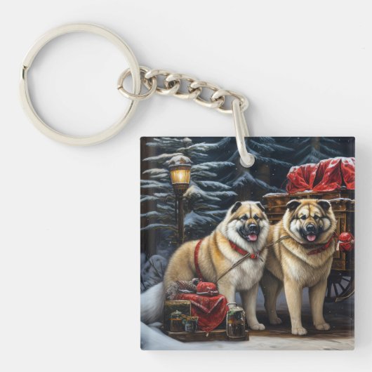 American Akita Snowy Sleigh Ride Weihnachtsdekor Schlüsselanhänger (Vorderseite)