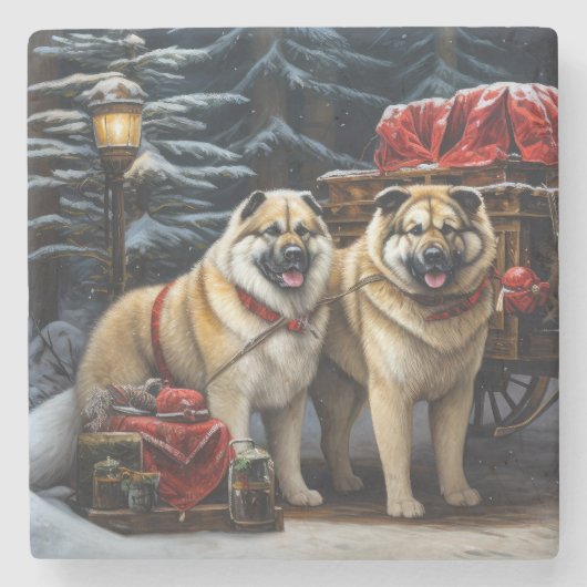 American Akita Snowy Sleigh Ride Weihnachtsdekor Steinuntersetzer (Vorderseite)