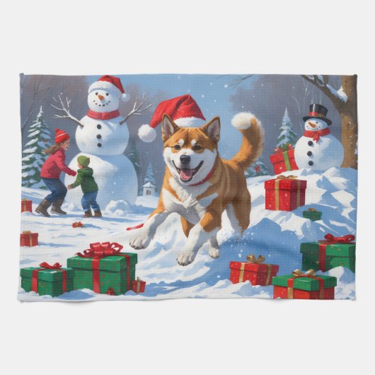 American Akita Weihnachtsfest Schneeszene Geschirrtuch (Horizontal)