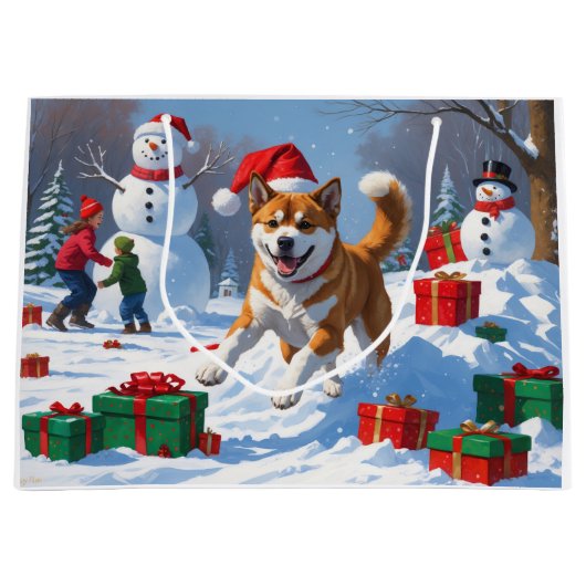 American Akita Weihnachtsfest Schneeszene Große Geschenktüte (Vorderseite)