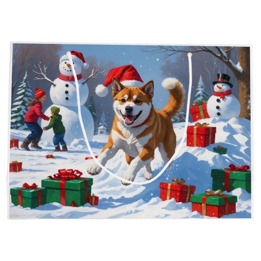 American Akita Weihnachtsfest Schneeszene Große Geschenktüte (Rückseite)
