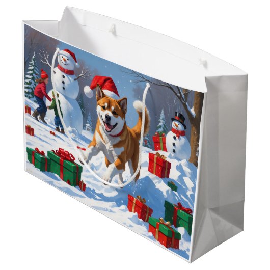 American Akita Weihnachtsfest Schneeszene Große Geschenktüte (Rückseite Schrägansicht)