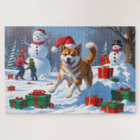 American Akita Weihnachtsfest Schneeszene Puzzle (Horizontal)