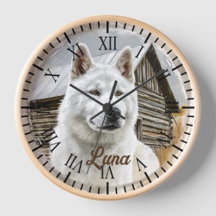 American Akita White Dog Rustic Farm Portrait Uhr