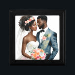 American American Bridal Couple Wedding Erinnerungskiste<br><div class="desc">Das Aquarellwerk besticht durch ein wunderschönes,  braungehäuftes Paar wie Braut und Bräutigam. Dieser geschmolzene Gegenstand hat ein Farbschema aus Pfirsich und Korallen mit Blumenakzenten.</div>