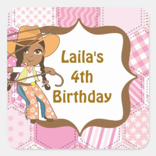 American American Cowgirl Birthday Party Labels Quadratischer Aufkleber