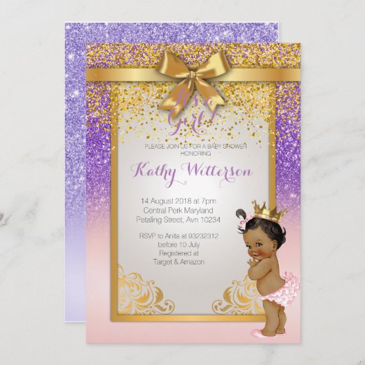 American American Pink Lila Gold Baby Showcard Einladung (Vorne/Hinten)