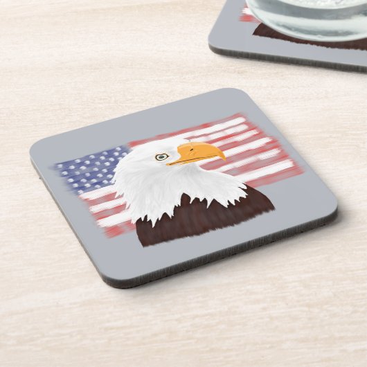 American Bald Eagle and Flag - transparent auf gra Getränkeuntersetzer (Linke Seite)