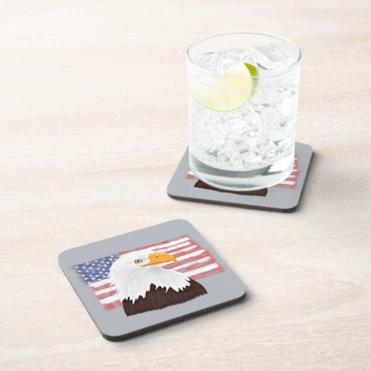 American Bald Eagle and Flag - transparent auf gra Getränkeuntersetzer (Rechte Seite)